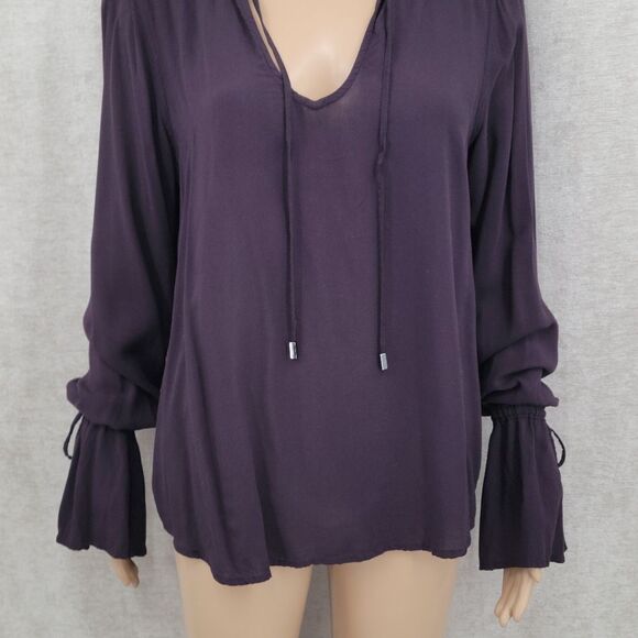 Paige Black Cherry Tie Neck Cuff Long Sleeve Boho Poet Blouse Top Renaissance - Picture 3 of 10